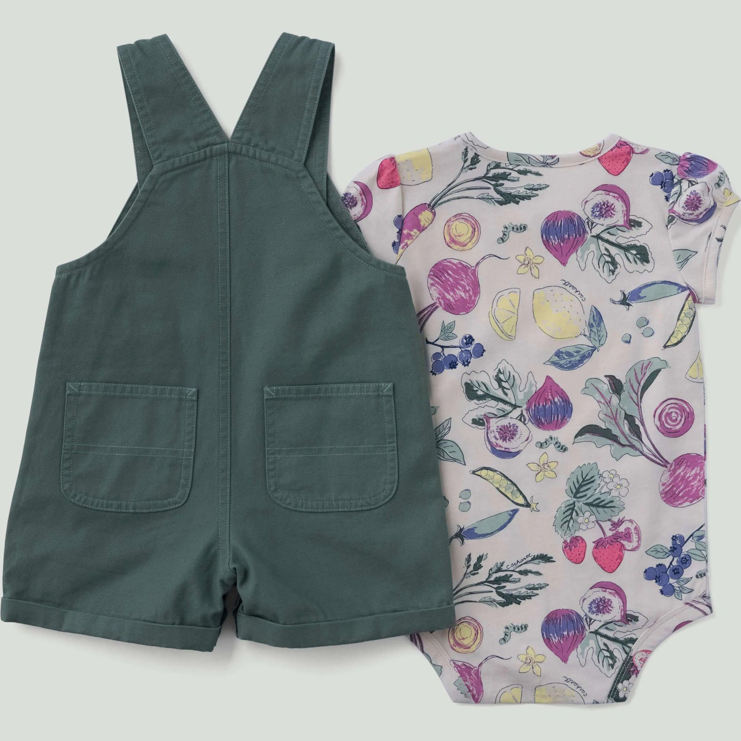 Girls' 2-Piece Short Sleeve Veggie Print Bodysuit & Canvas Shortall Set (Baby)