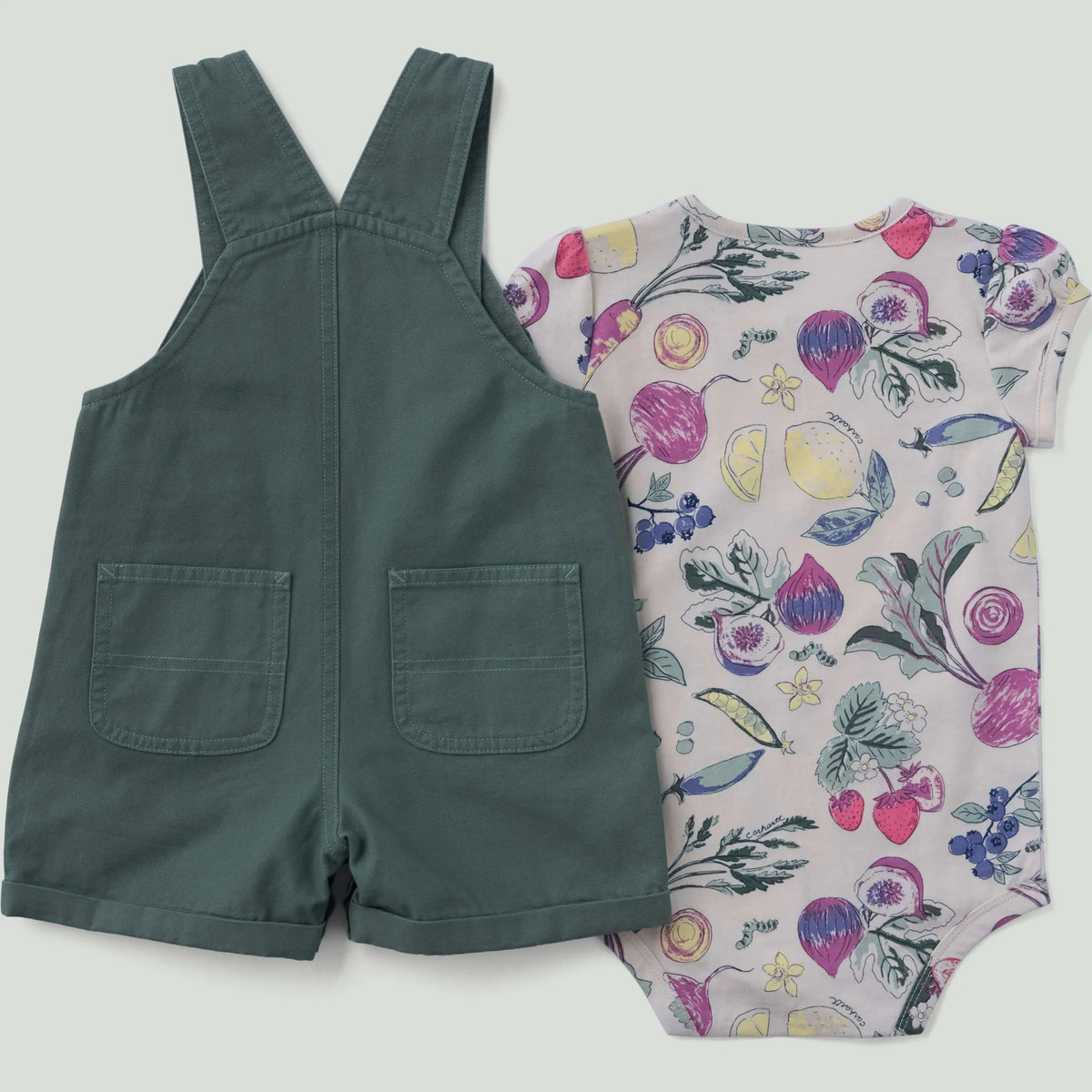 Girls' 2-Piece Short Sleeve Veggie Print Bodysuit & Canvas Shortall Set (Baby)
