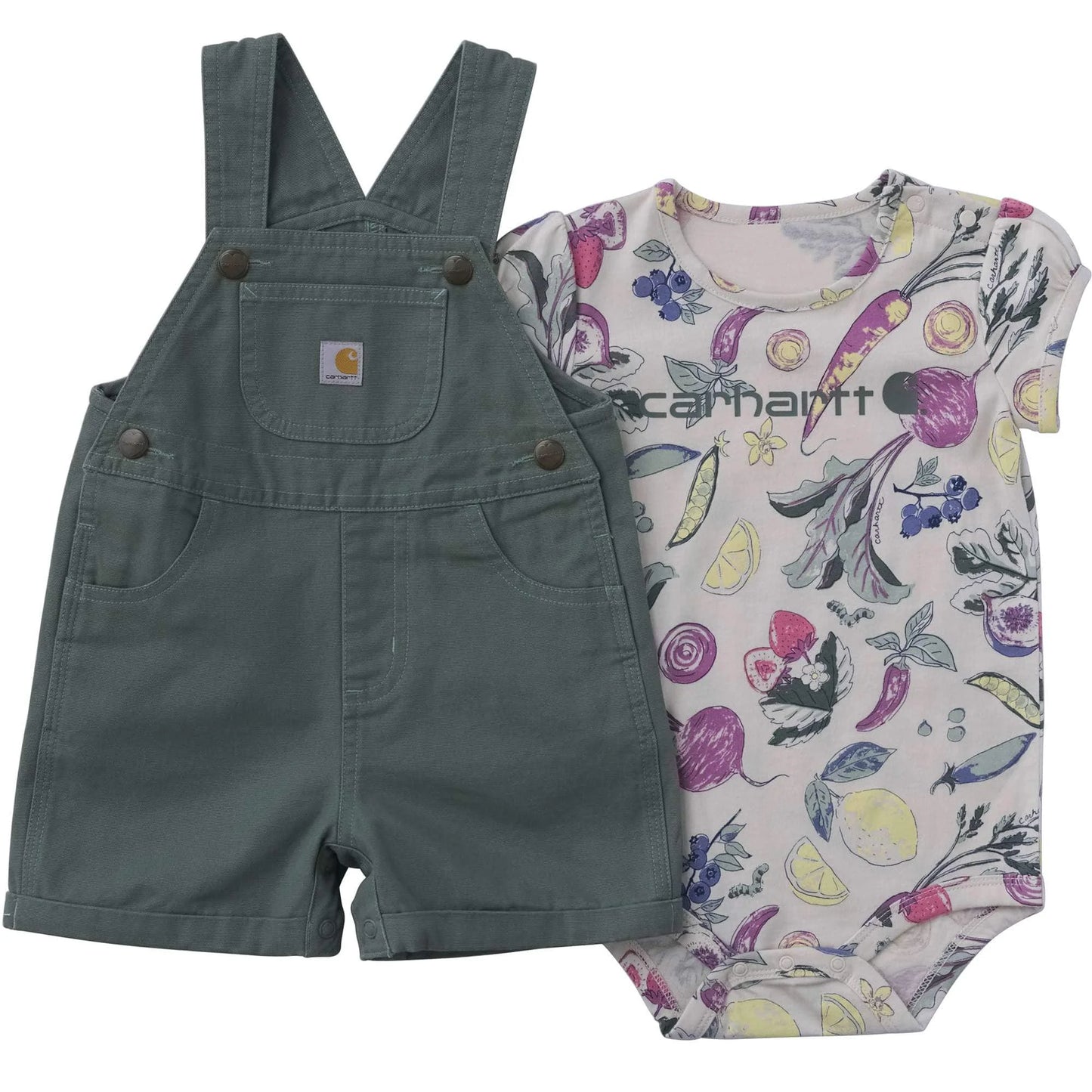 Girls' 2-Piece Short Sleeve Veggie Print Bodysuit & Canvas Shortall Set (Baby)